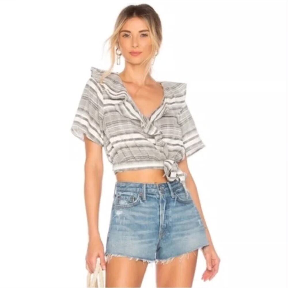 Tularosa Selma Ruffle Wrap Tie Crop Top Gray Stripe Cotton M